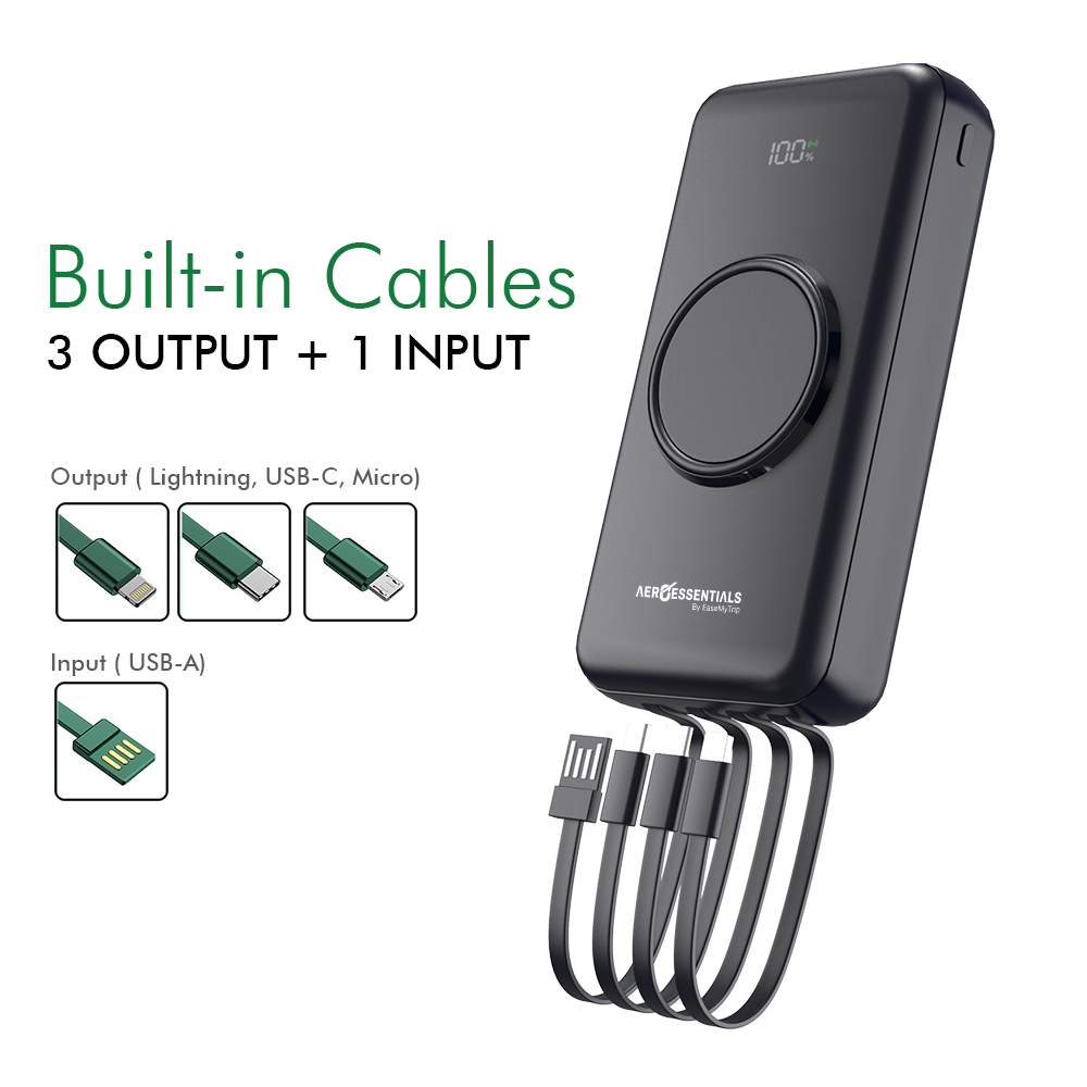 Black power bank with built-in cables